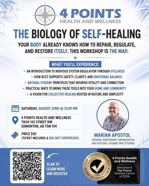 The Biology of Self-Healing flyer — workshop with Marian Apostol, Saturday August 22, 2026 at 12:00 PM, at 4 Points Health and Wellness