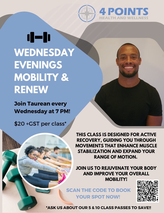 Wednesday Evenings Mobility and Renew flyer — active recovery class with Taurean Wellman, Wednesdays at 7 PM